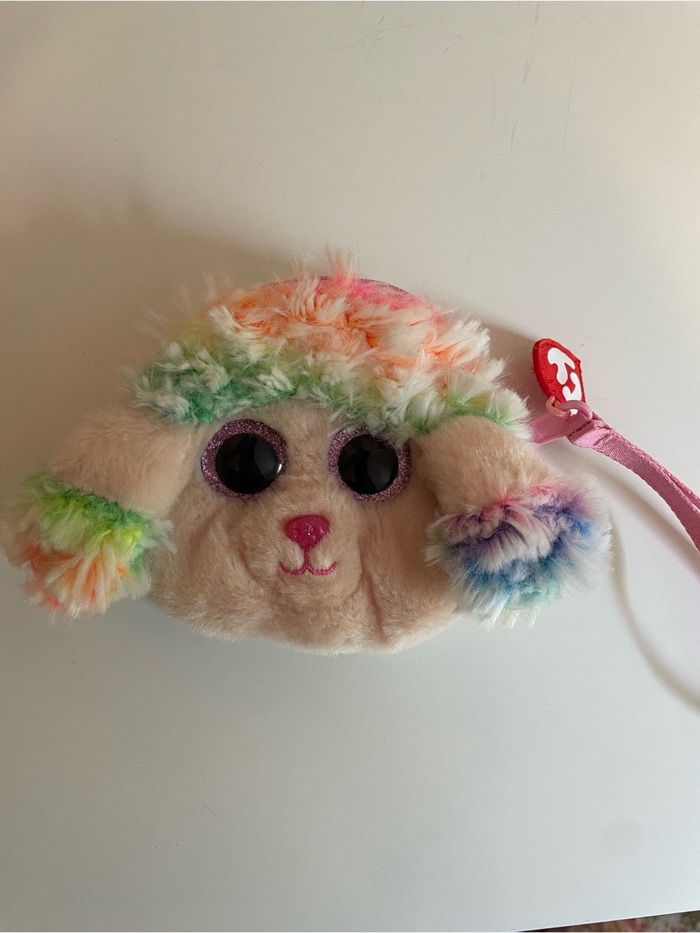 Ty Plush Rainbow Poodle Coin Purse in Cream with Multicolor Accents
